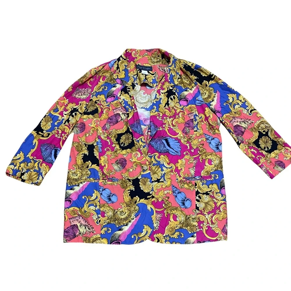 Maggie McNaughton VTG Women 18W Bright Seashell One Button Blazer Pink Blue Gold